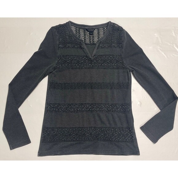 Lucky Brand Grey Crochet Lace Stripe Split Neck Thermal Top Size M - Picture 1 of 4